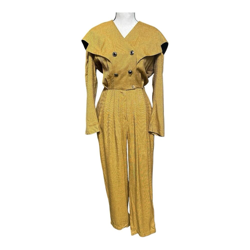Vintage 80s Yellow Gold Oversized Collar Jumpsuit USA Made Sz Small